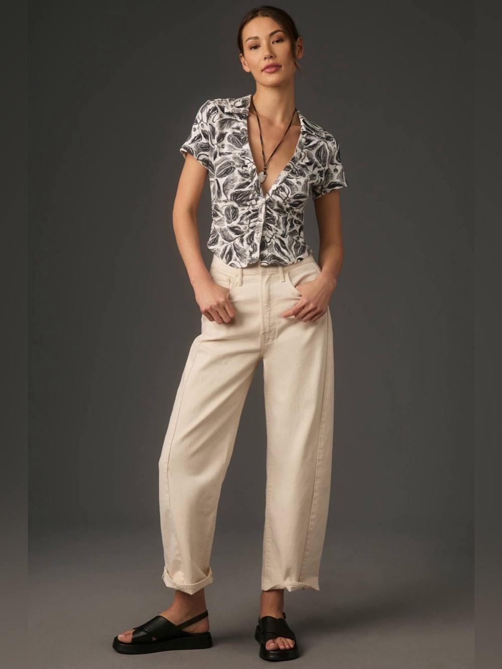 Maeve Yukiko Noritake Short-Sleeve Ruched Buttondown Top